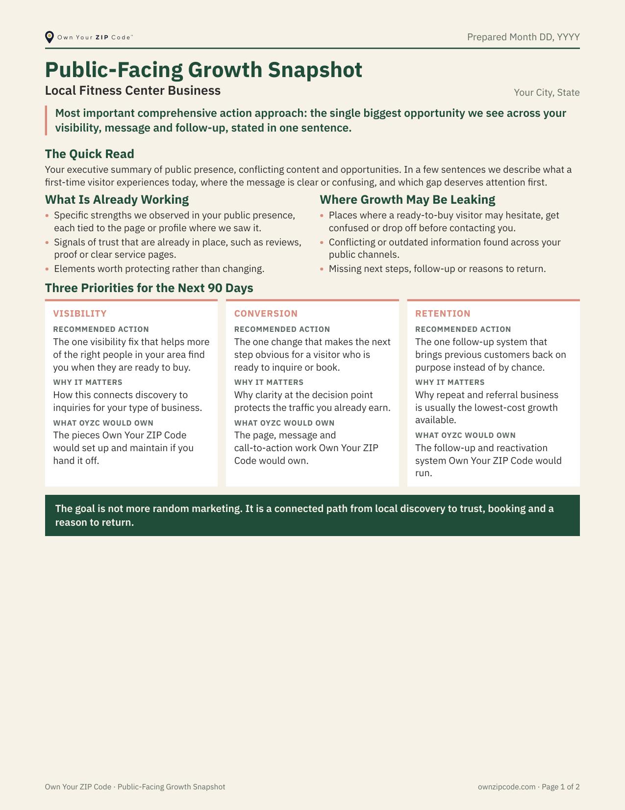 Page one of the sample Growth Snapshot: quick read, what is working, growth leaks and three 90-day priorities